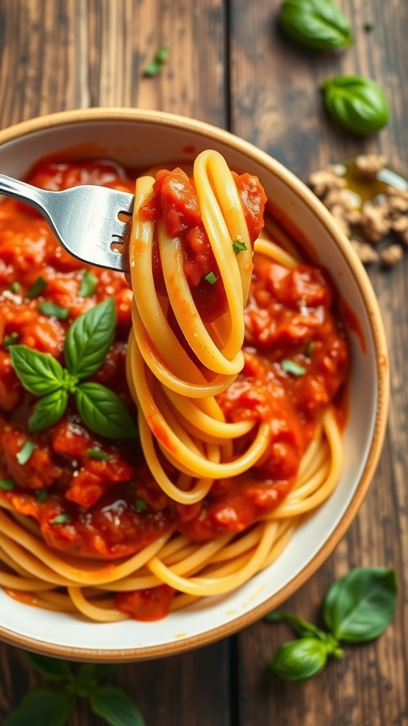 A bowl of pasta with bright red sauce and fresh basil on a rustic table.
